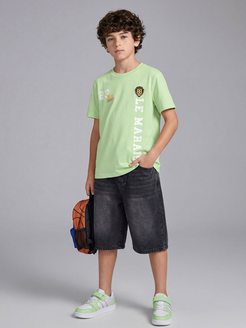 CODEZ Boys Light Green Le Marais Graphic Printed Drop Shoulder Cotton T-Shirt