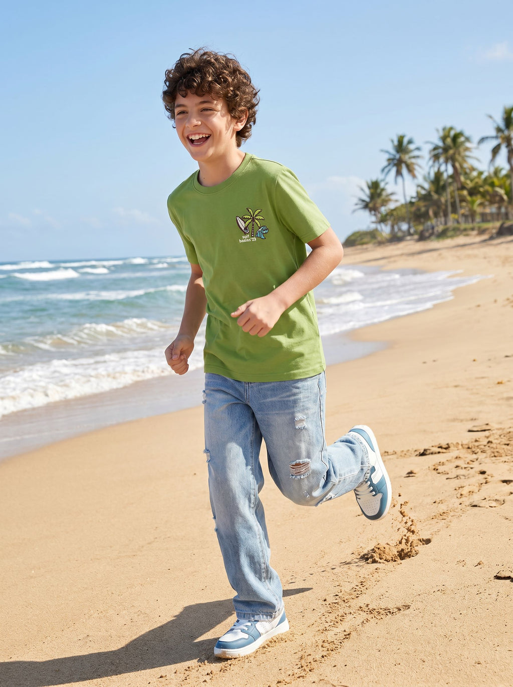 CODEZ Boys Green Surf Basics Graphic Printed Drop Shoulder Cotton T-Shirt