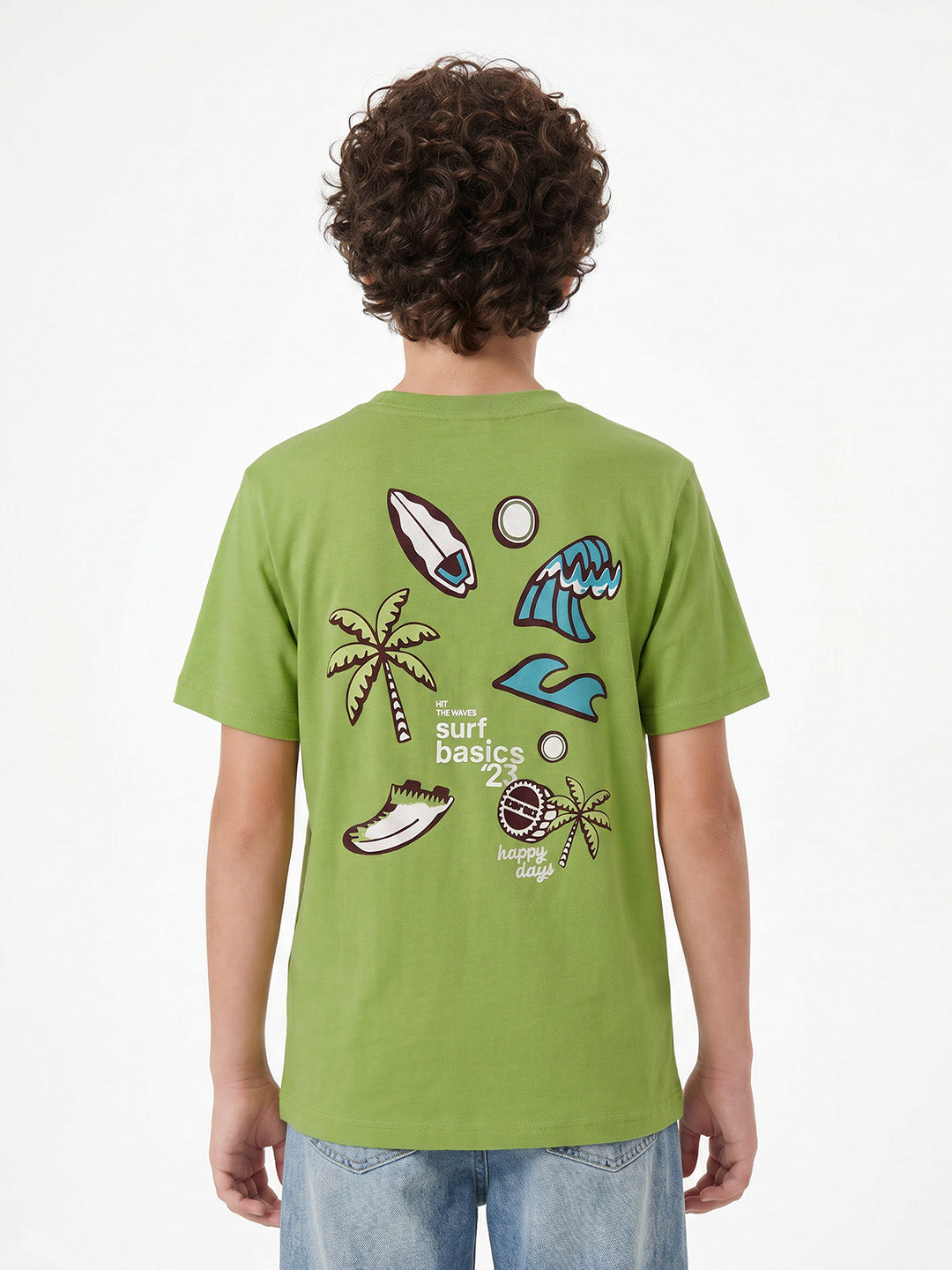 CODEZ Boys Green Surf Basics Graphic Printed Drop Shoulder Cotton T-Shirt