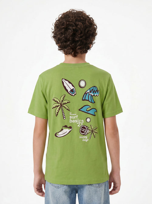 CODEZ Boys Green Surf Basics Graphic Printed Drop Shoulder Cotton T-Shirt