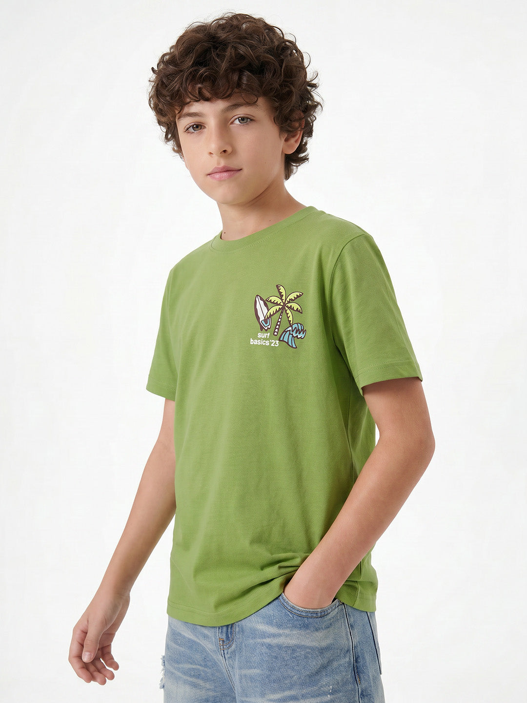 CODEZ Boys Green Surf Basics Graphic Printed Drop Shoulder Cotton T-Shirt