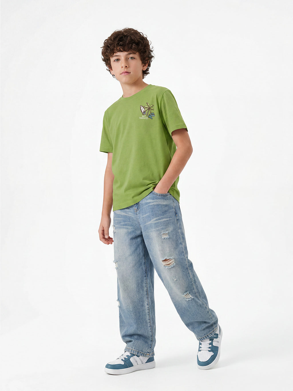 CODEZ Boys Green Surf Basics Graphic Printed Drop Shoulder Cotton T-Shirt