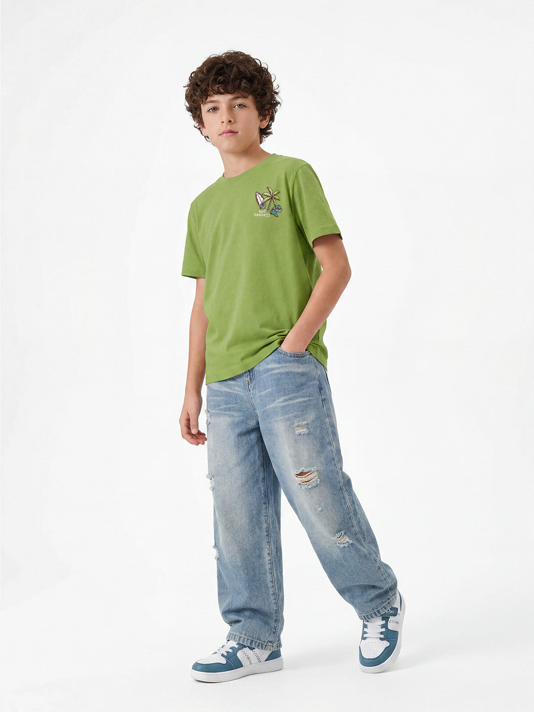 CODEZ Boys Green Surf Basics Graphic Printed Drop Shoulder Cotton T-Shirt