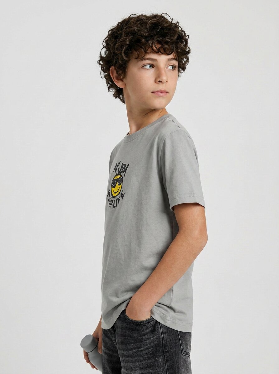 CODEZ Boys Grey N'Joy Your Life Graphic Drop Shoulder T-Shirt