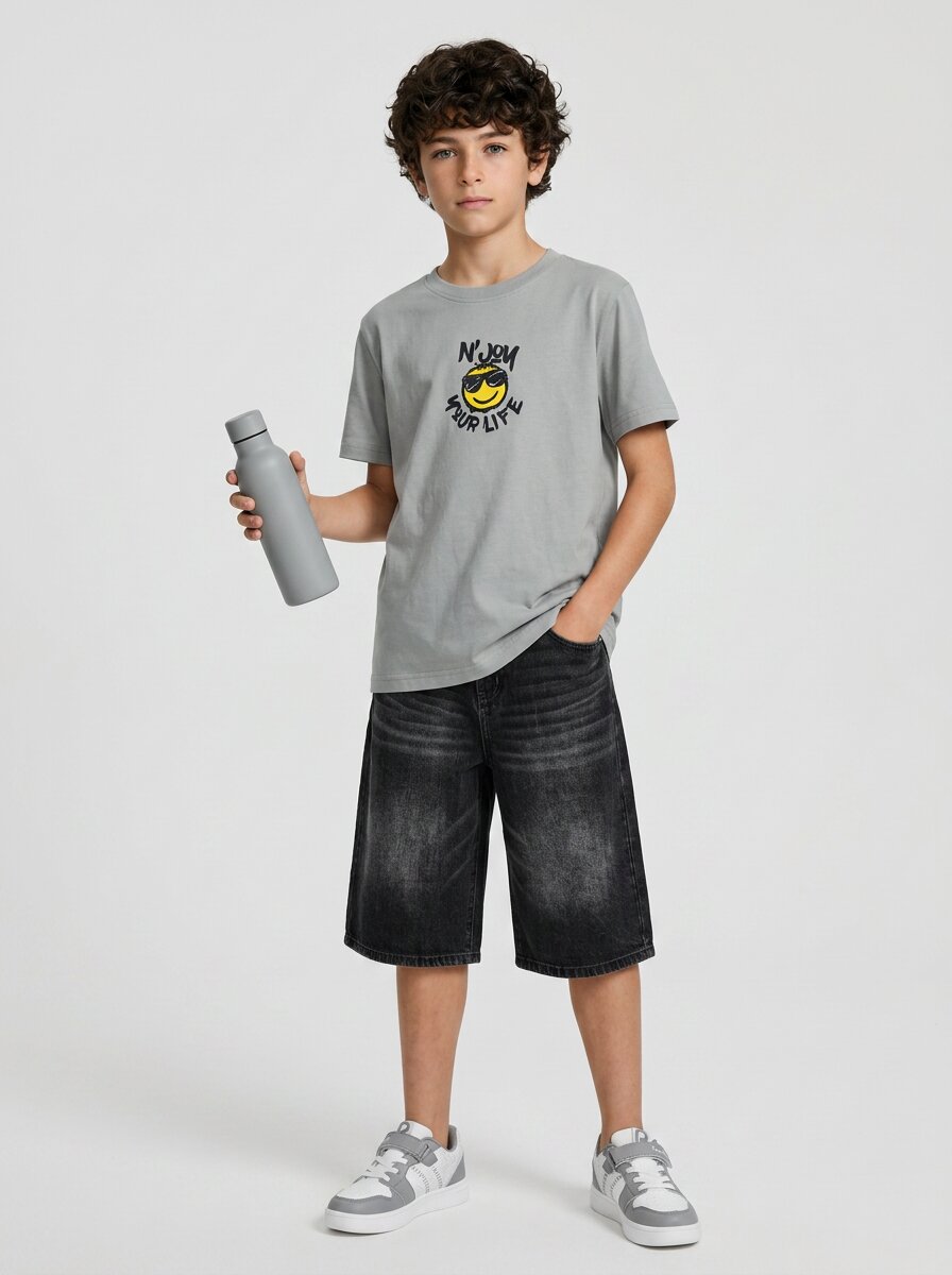 CODEZ Boys Grey N'Joy Your Life Graphic Drop Shoulder T-Shirt