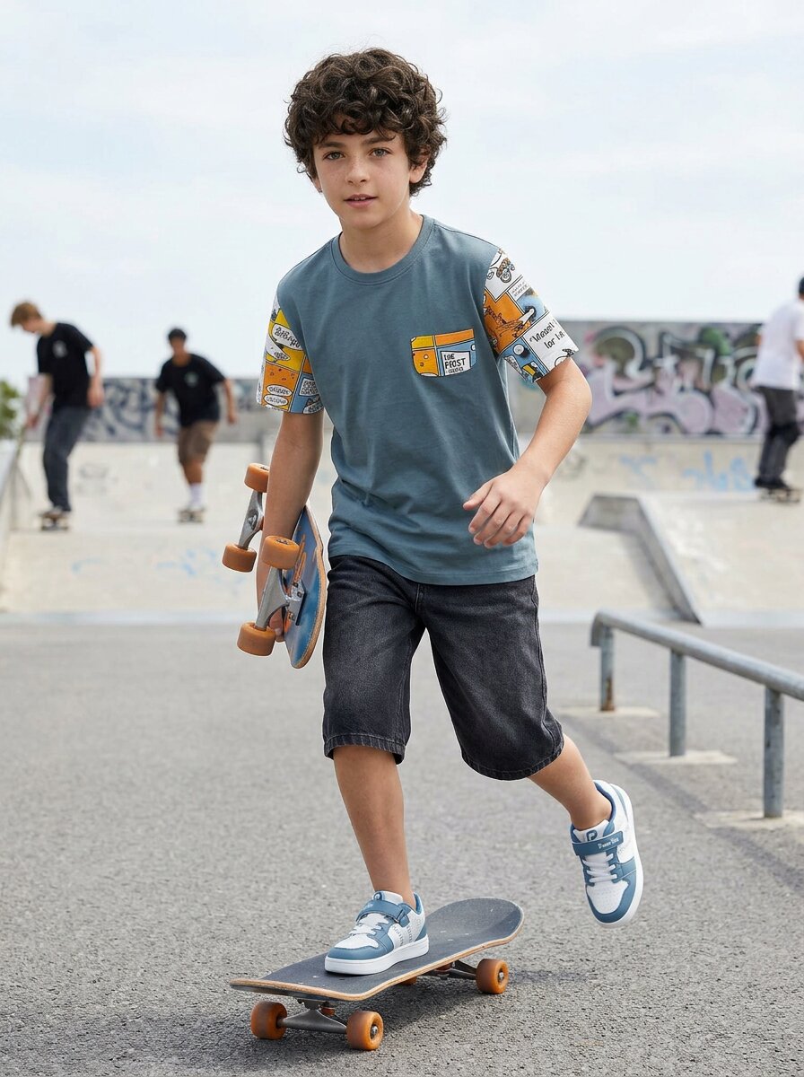 CODEZ Boys Grey Comic Print Sleeve Drop Shoulder T-Shirt