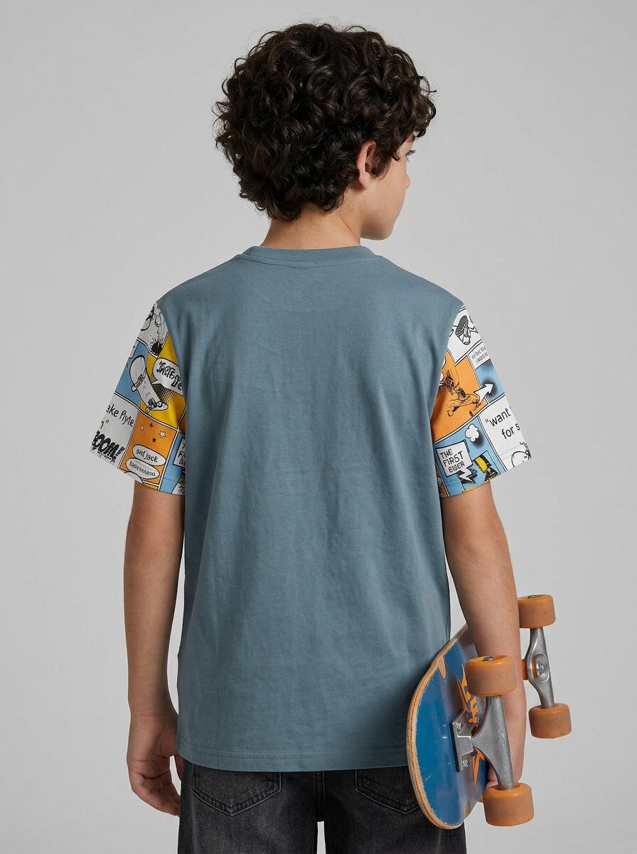 CODEZ Boys Grey Comic Print Sleeve Drop Shoulder T-Shirt
