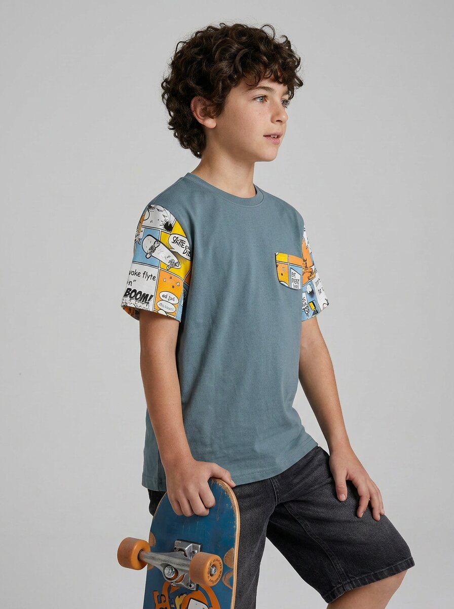 CODEZ Boys Grey Comic Print Sleeve Drop Shoulder T-Shirt