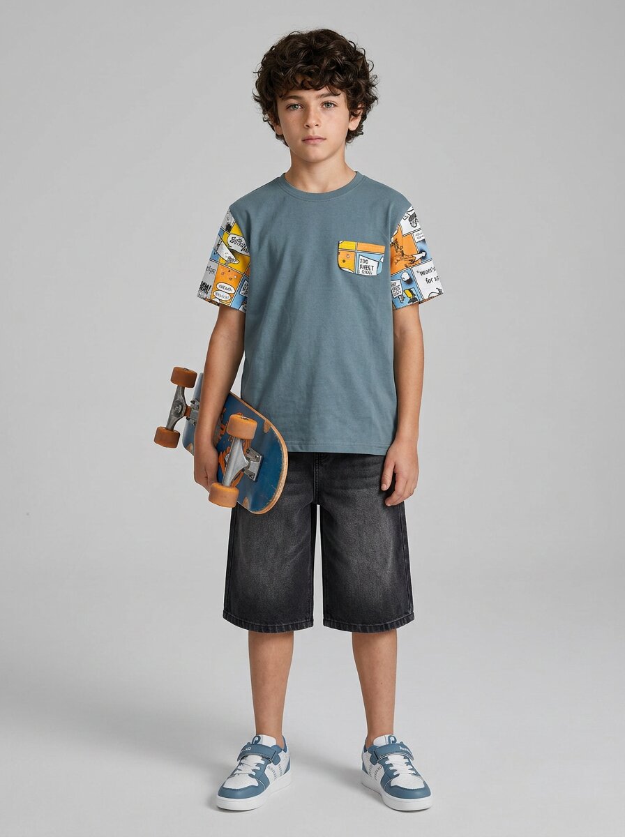CODEZ Boys Grey Comic Print Sleeve Drop Shoulder T-Shirt