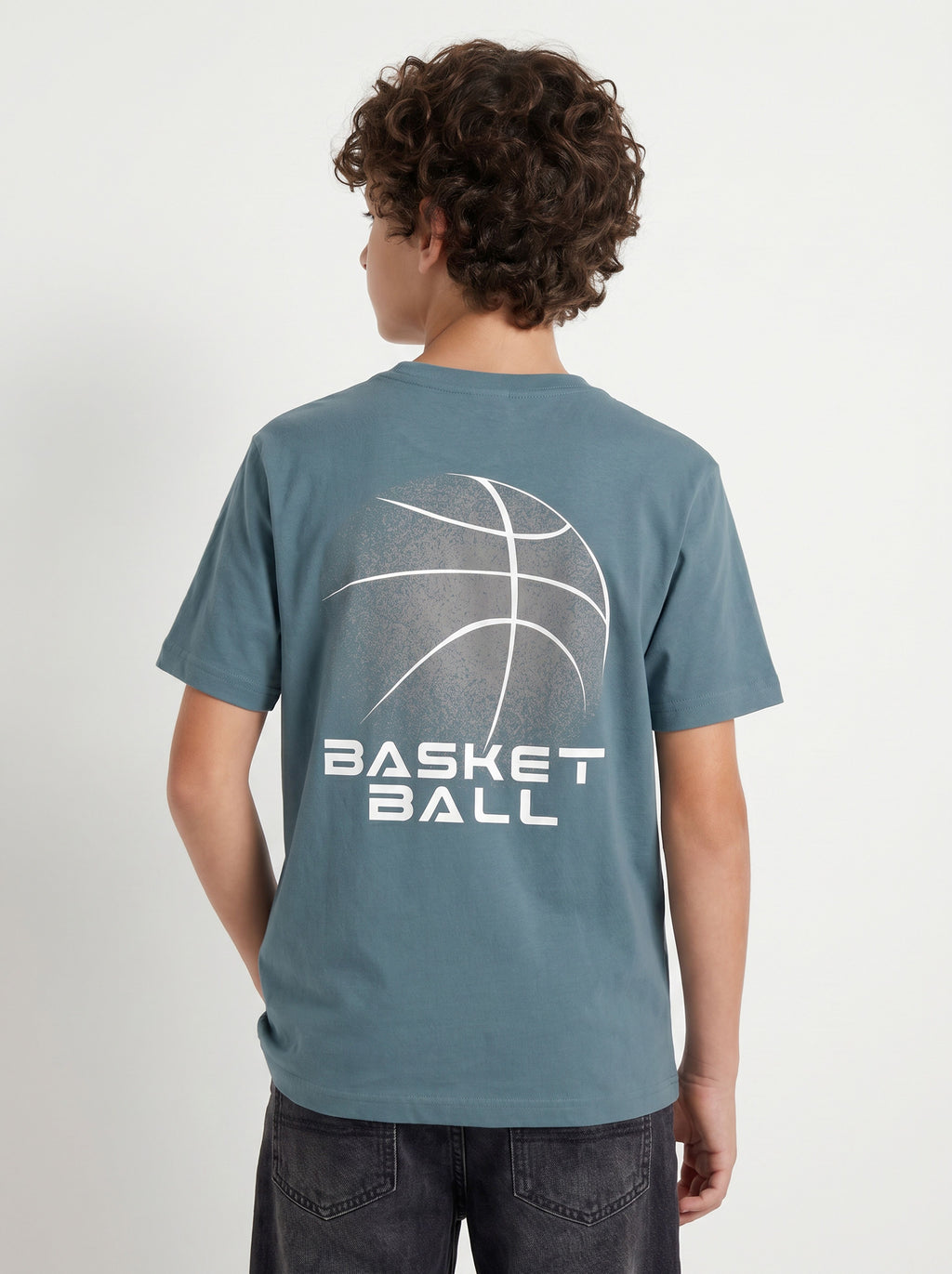 CODEZ Boys Grey Basketball Graphic Printed Drop Shoulder Cotton T-Shirt