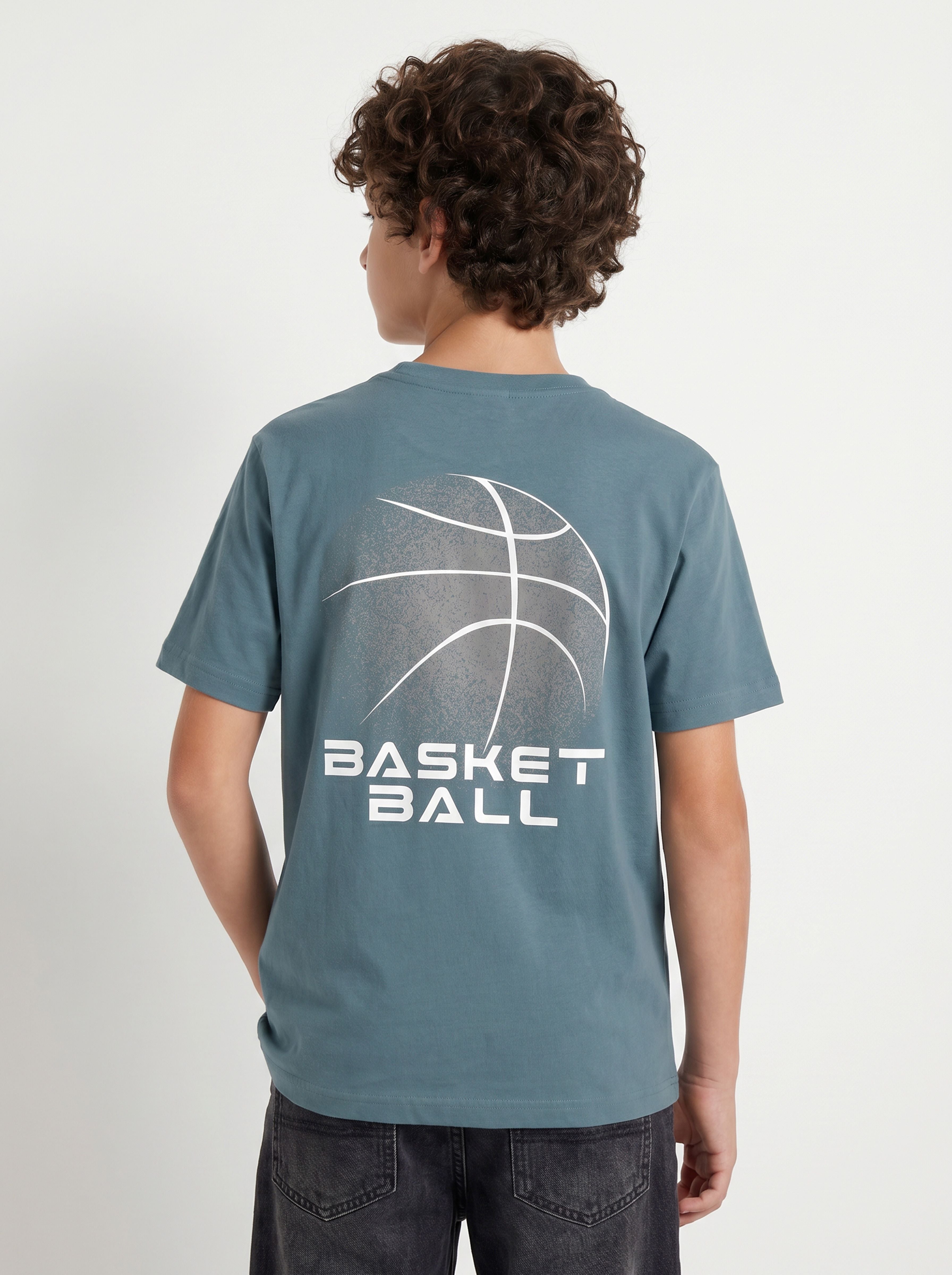 CODEZ Boys Grey Basketball Graphic Printed Drop Shoulder Cotton T-Shirt