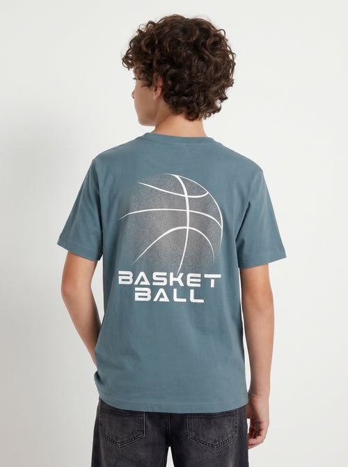 CODEZ Boys Grey Basketball Graphic Printed Drop Shoulder Cotton T-Shirt