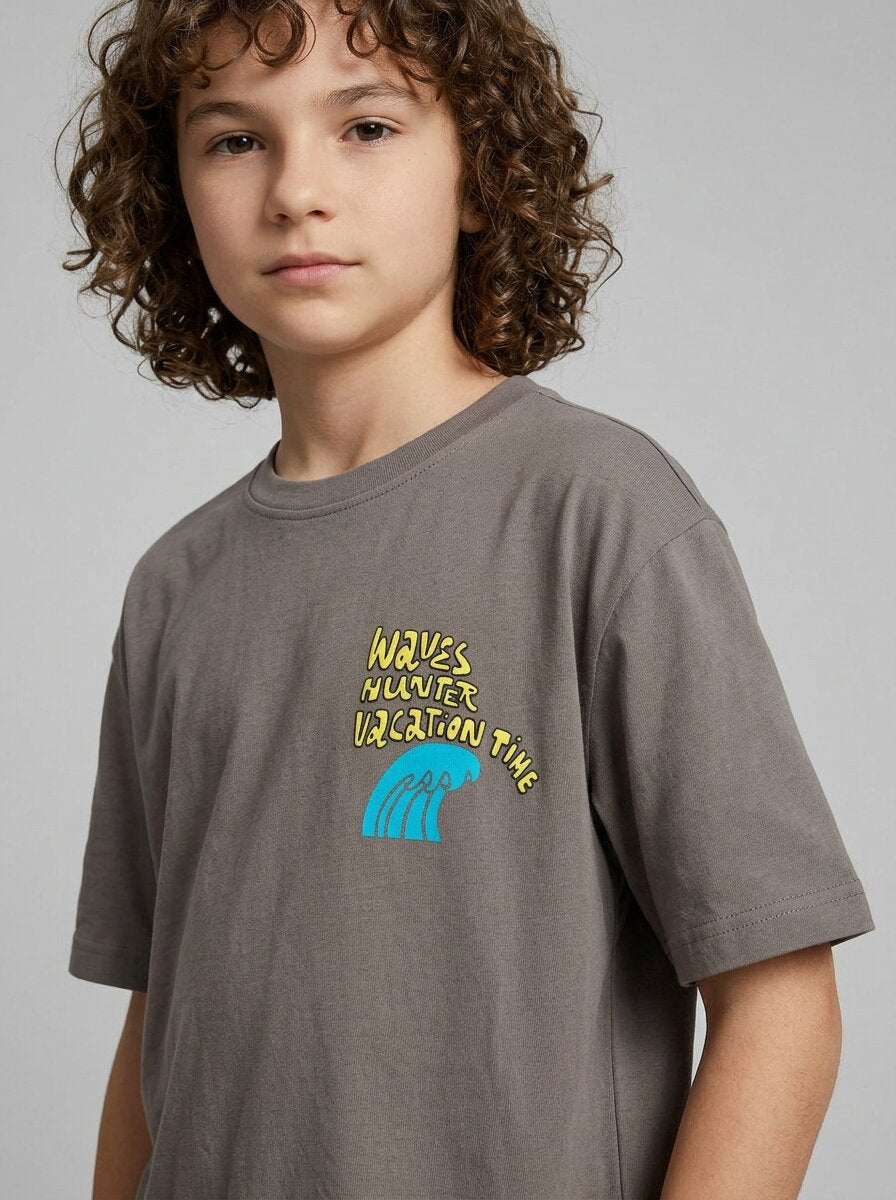 CODEZ Boys Grey Waves Hunter Graphic Drop Shoulder T-Shirt