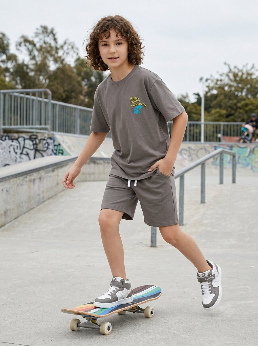 CODEZ Boys Grey Waves Hunter Graphic Drop Shoulder T-Shirt