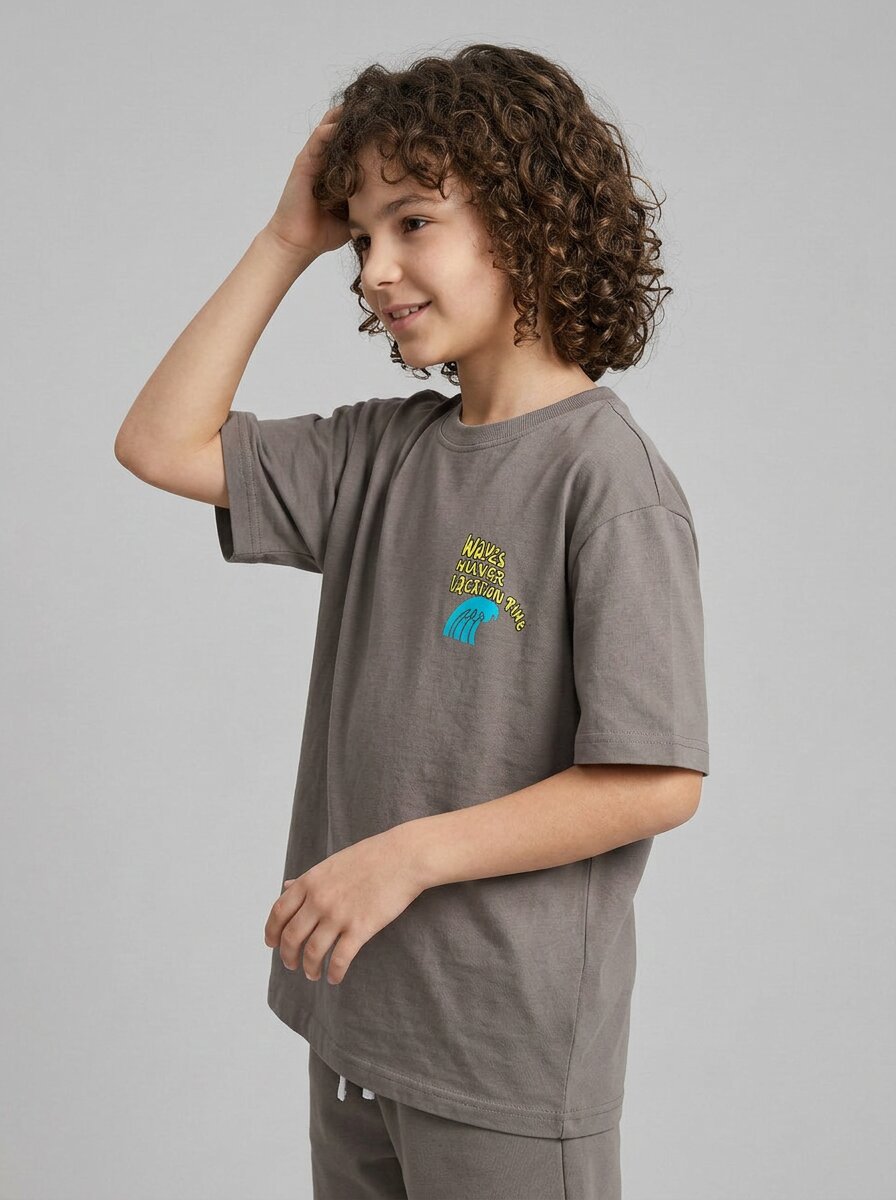 CODEZ Boys Grey Waves Hunter Graphic Drop Shoulder T-Shirt