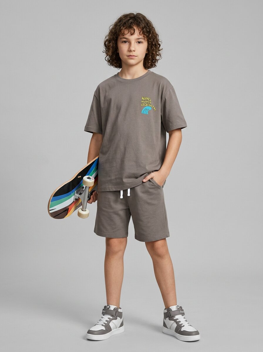 CODEZ Boys Grey Waves Hunter Graphic Drop Shoulder T-Shirt
