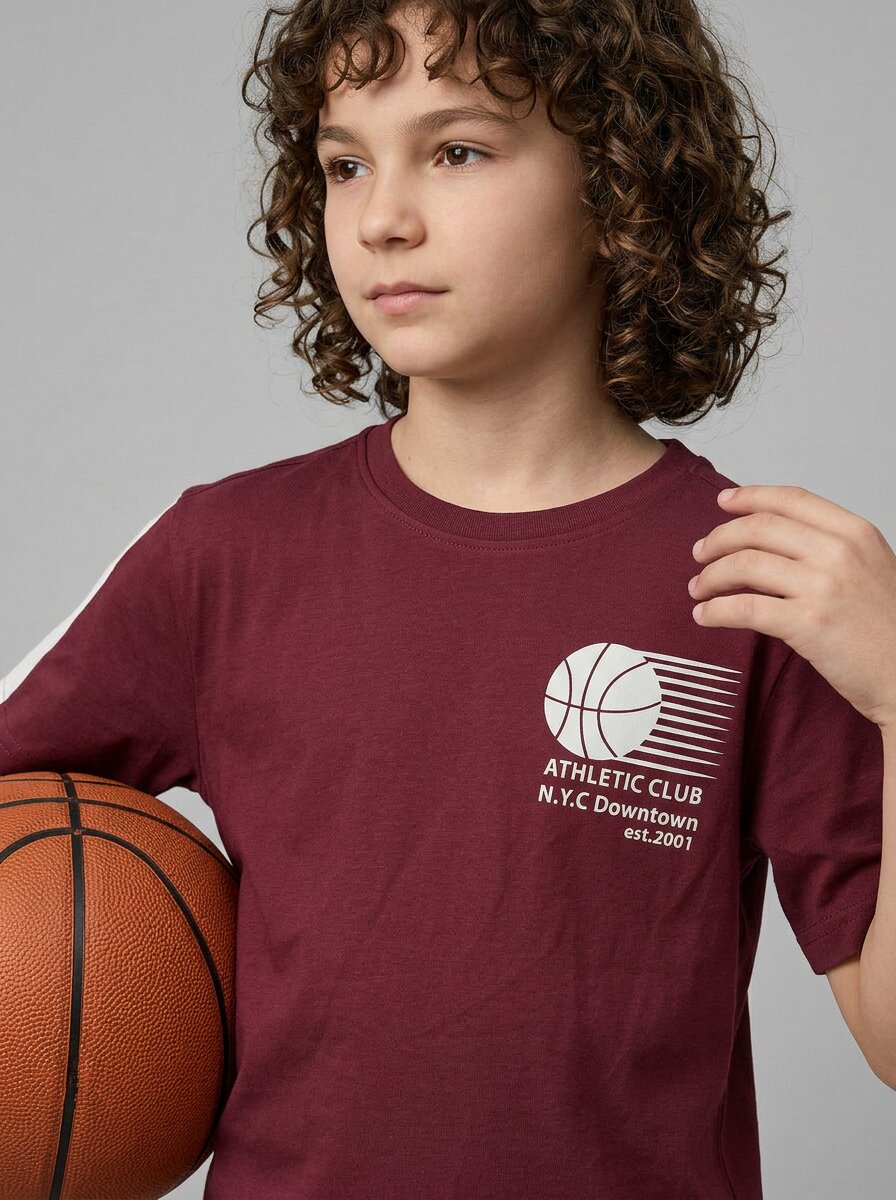 CODEZ Boys Maroon Athletic Club Printed Drop Shoulder Cotton T-Shirt