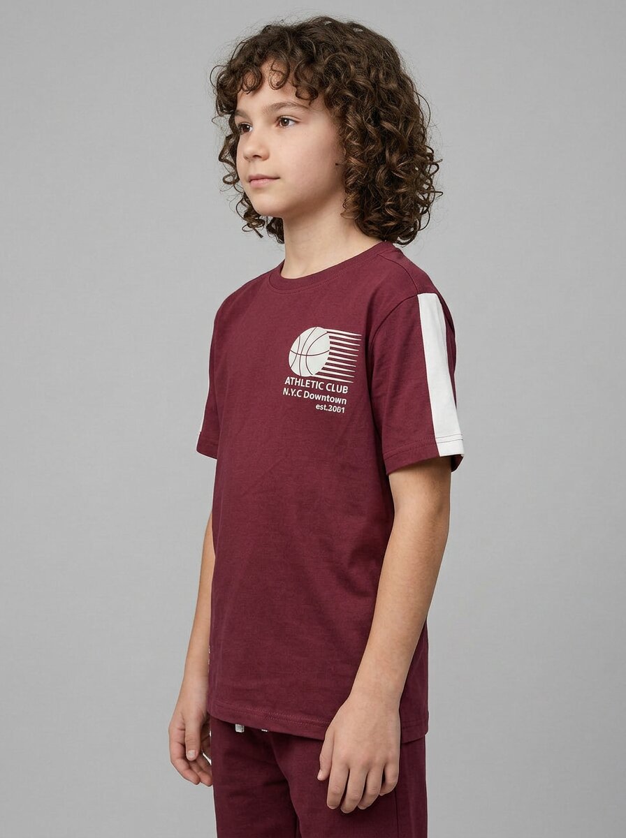 CODEZ Boys Maroon Athletic Club Printed Drop Shoulder Cotton T-Shirt