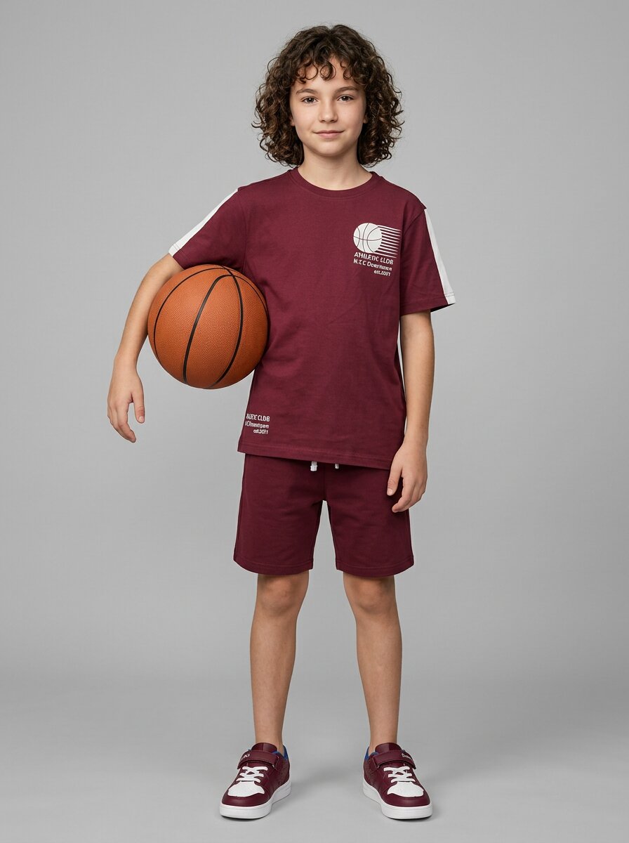 CODEZ Boys Maroon Athletic Club Printed Drop Shoulder Cotton T-Shirt
