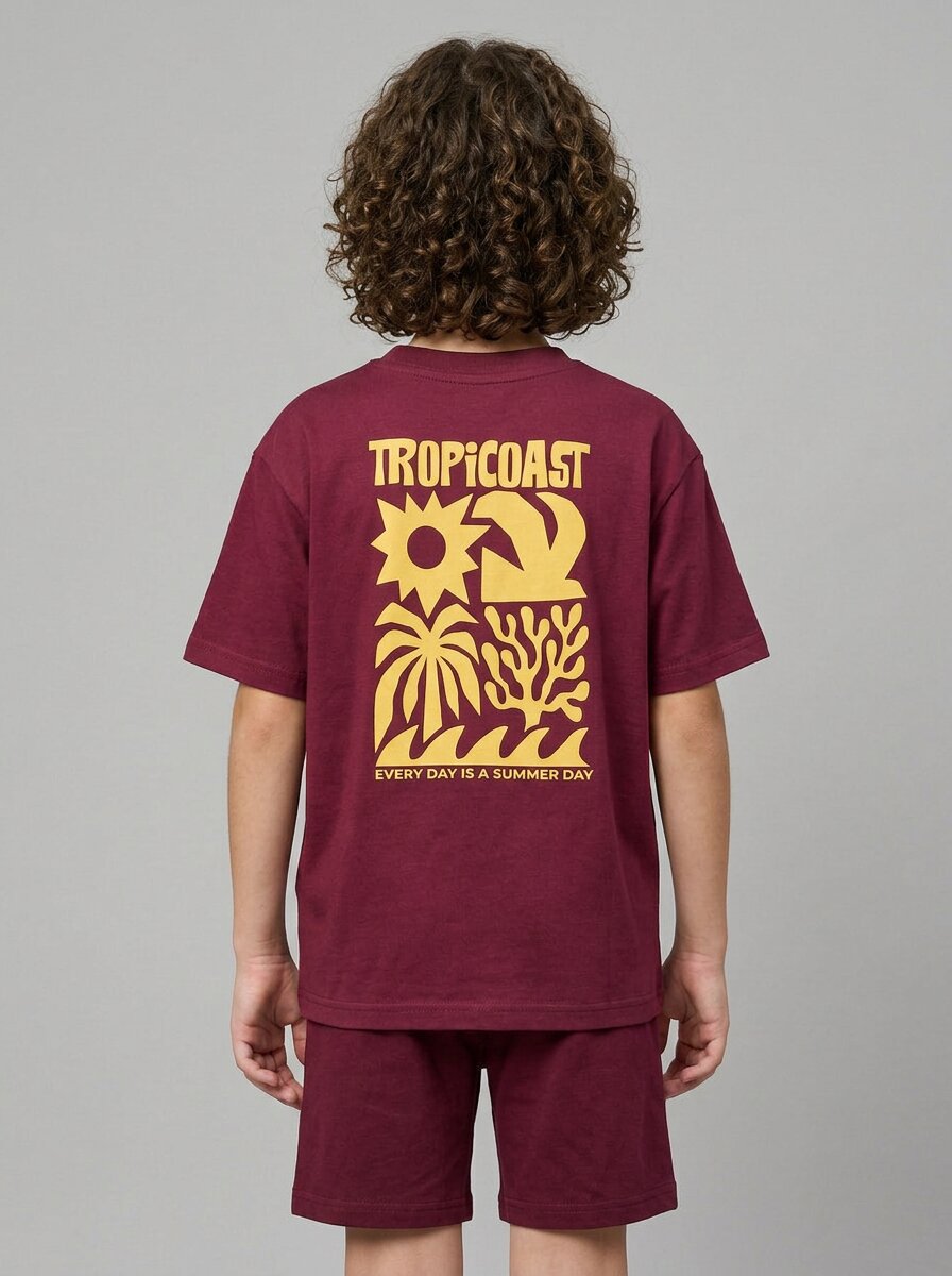 CODEZ Boys Maroon Tropicoast Graphic Printed Drop Shoulder Cotton T-Shirt