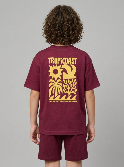 CODEZ Boys Maroon Tropicoast Graphic Printed Drop Shoulder Cotton T-Shirt