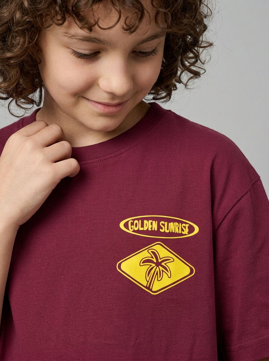 CODEZ Boys Maroon Tropicoast Graphic Printed Drop Shoulder Cotton T-Shirt
