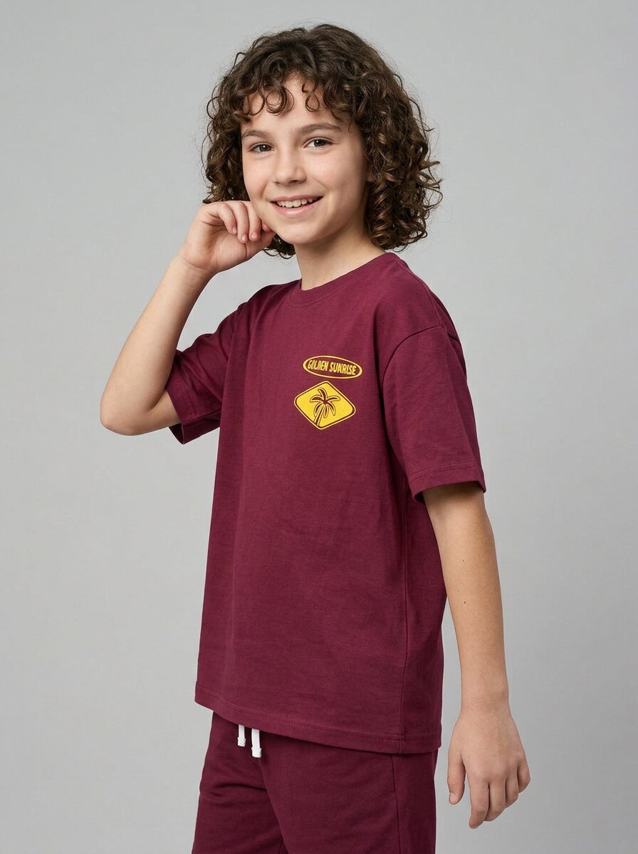 CODEZ Boys Maroon Tropicoast Graphic Printed Drop Shoulder Cotton T-Shirt