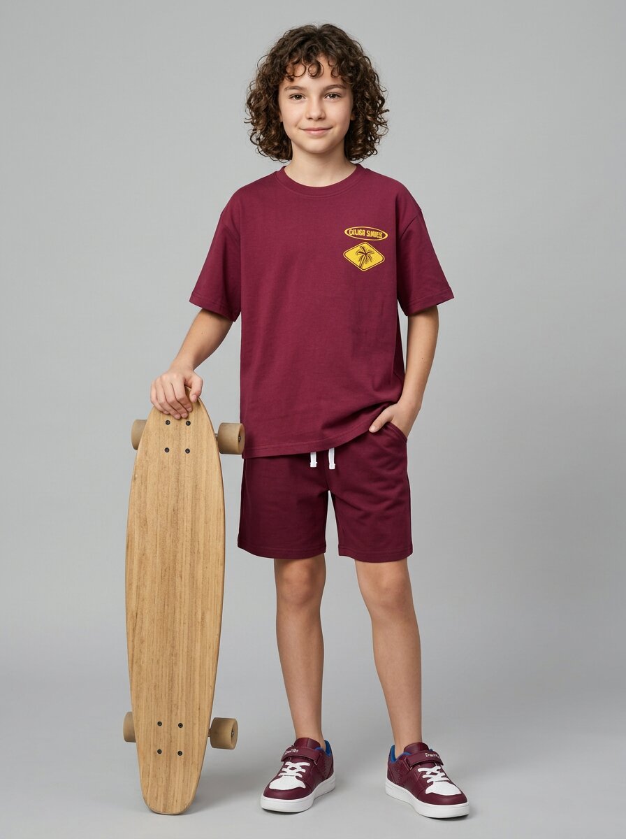 CODEZ Boys Maroon Tropicoast Graphic Printed Drop Shoulder Cotton T-Shirt