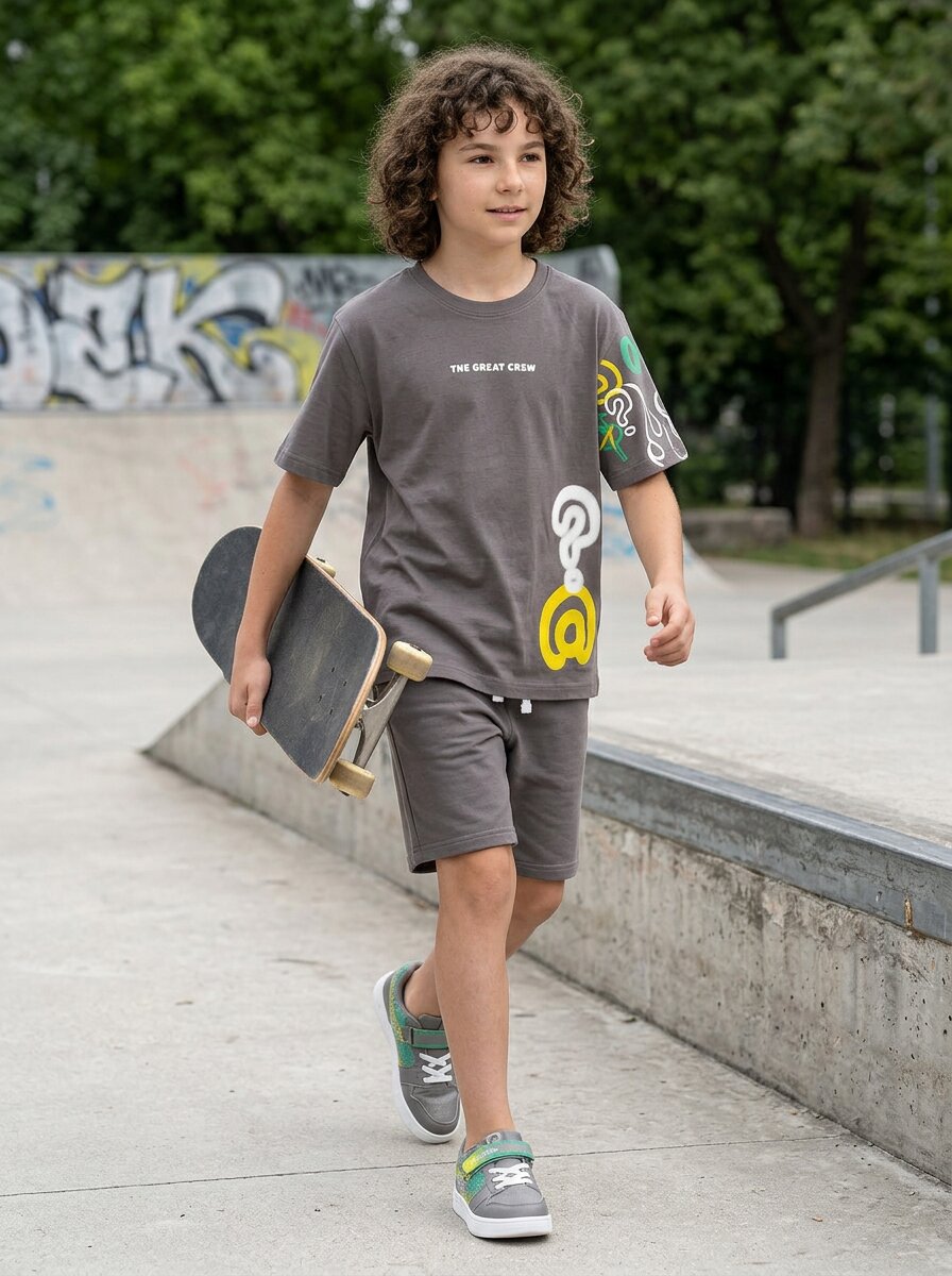 CODEZ Boys Magnet Grey The Great Crew Graphic Printed Drop Shoulder Cotton T-Shirt