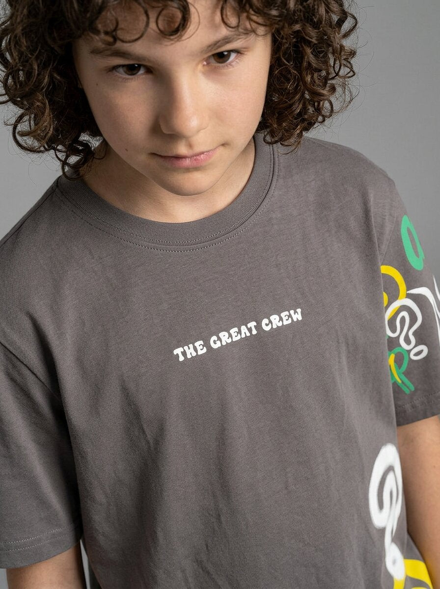 CODEZ Boys Magnet Grey The Great Crew Graphic Printed Drop Shoulder Cotton T-Shirt