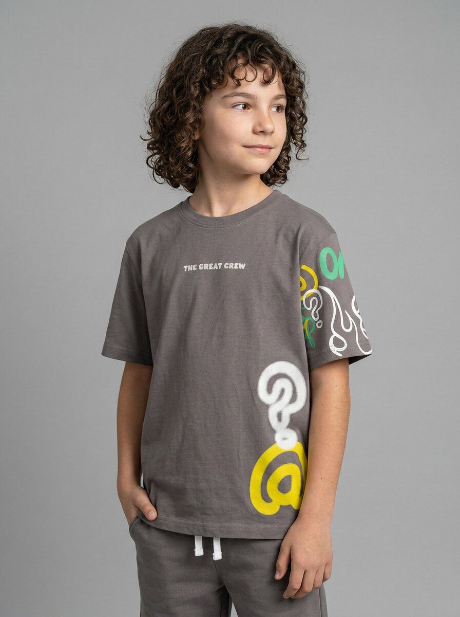 CODEZ Boys Magnet Grey The Great Crew Graphic Printed Drop Shoulder Cotton T-Shirt