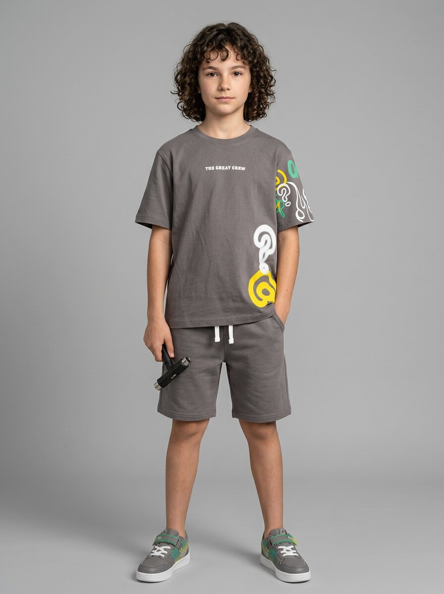 CODEZ Boys Magnet Grey The Great Crew Graphic Printed Drop Shoulder Cotton T-Shirt