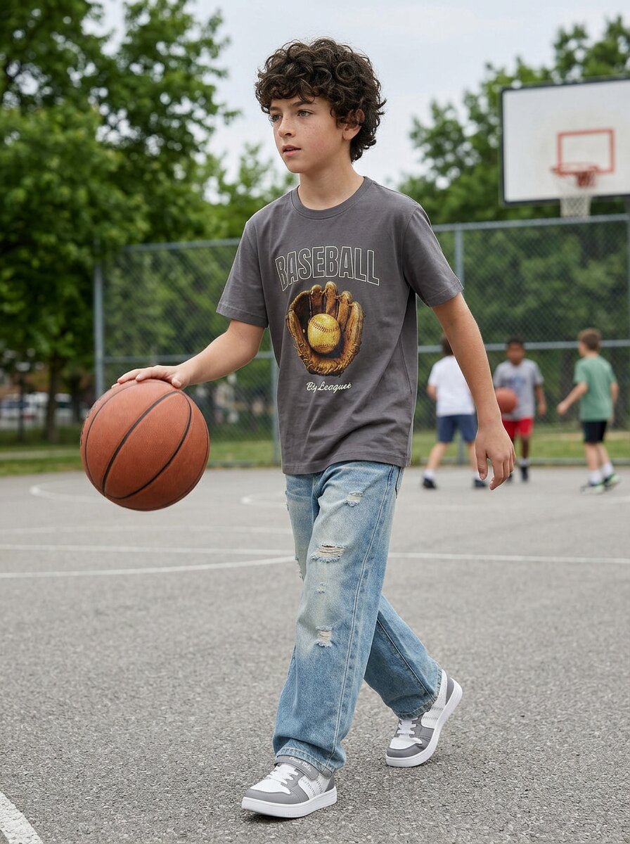 CODEZ Boys Magnet Grey Baseball Graphic Printed Drop Shoulder Cotton T-Shirt
