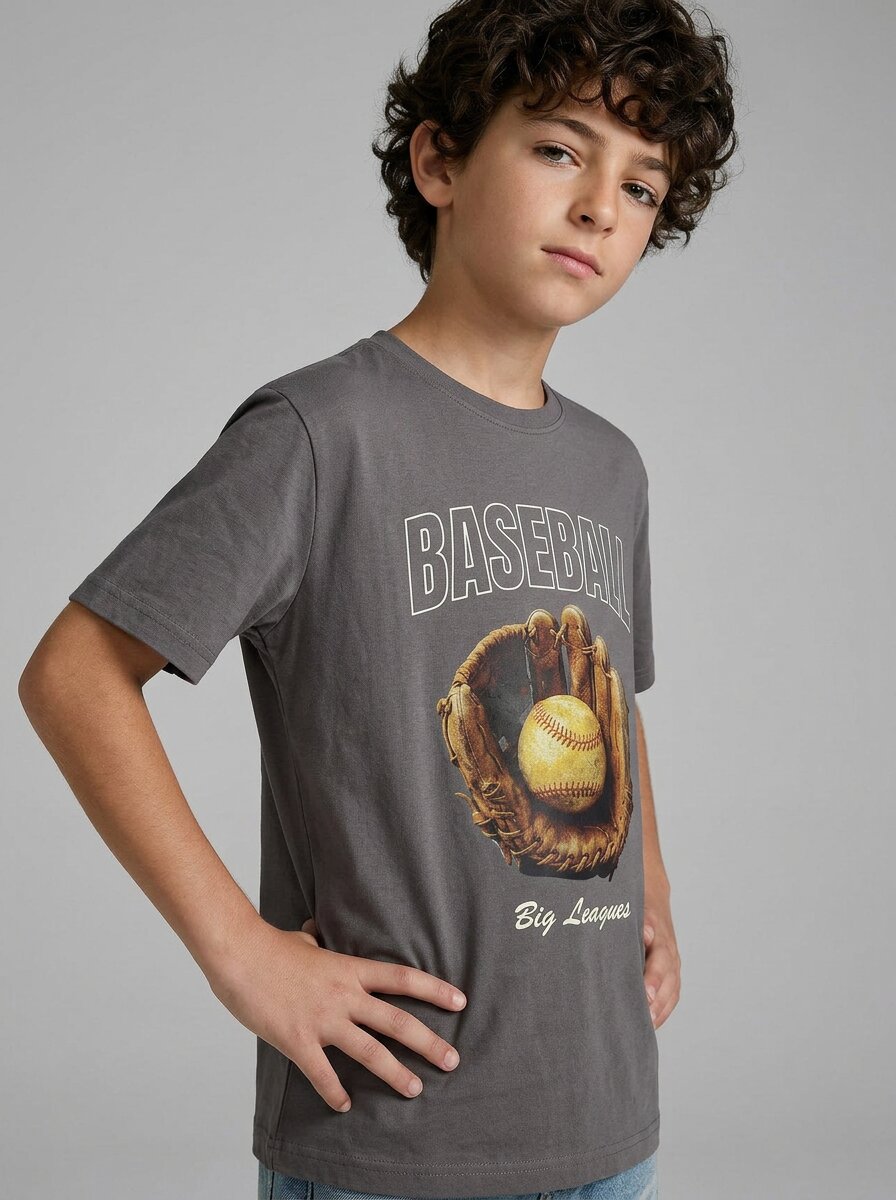 CODEZ Boys Magnet Grey Baseball Graphic Printed Drop Shoulder Cotton T-Shirt