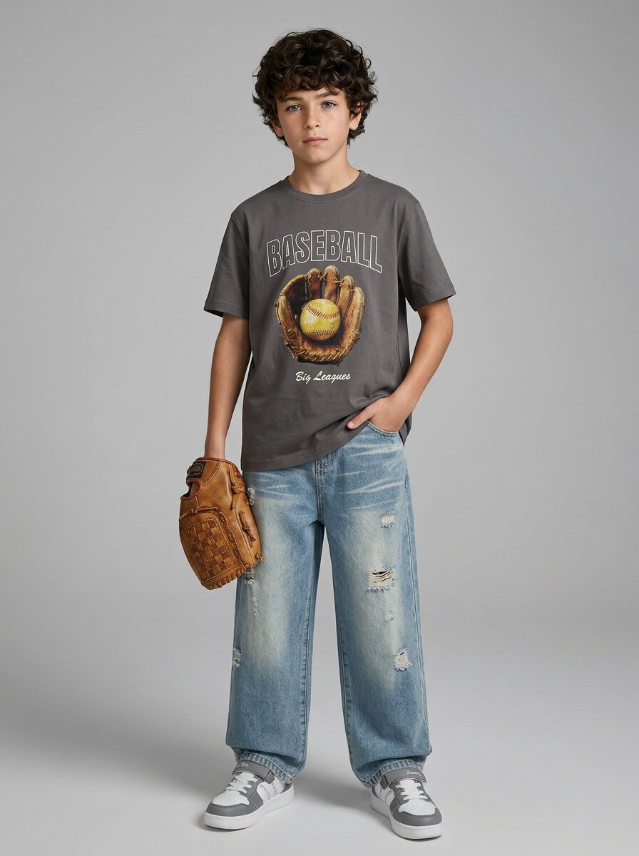 CODEZ Boys Magnet Grey Baseball Graphic Printed Drop Shoulder Cotton T-Shirt