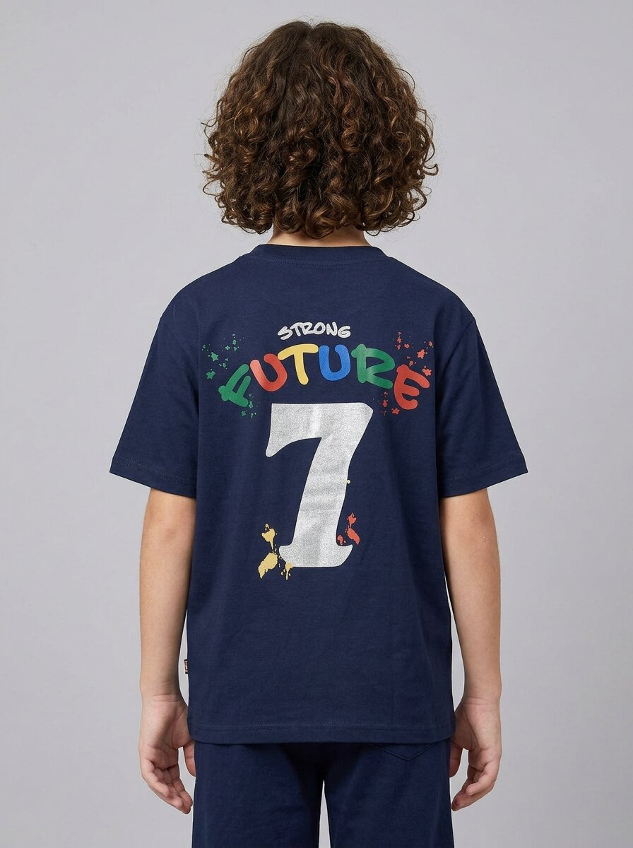 CODEZ Boys Navy Strong Future Graphic Printed Drop Shoulder Cotton T-Shirt