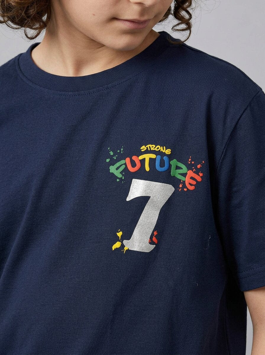 CODEZ Boys Navy Strong Future Graphic Printed Drop Shoulder Cotton T-Shirt