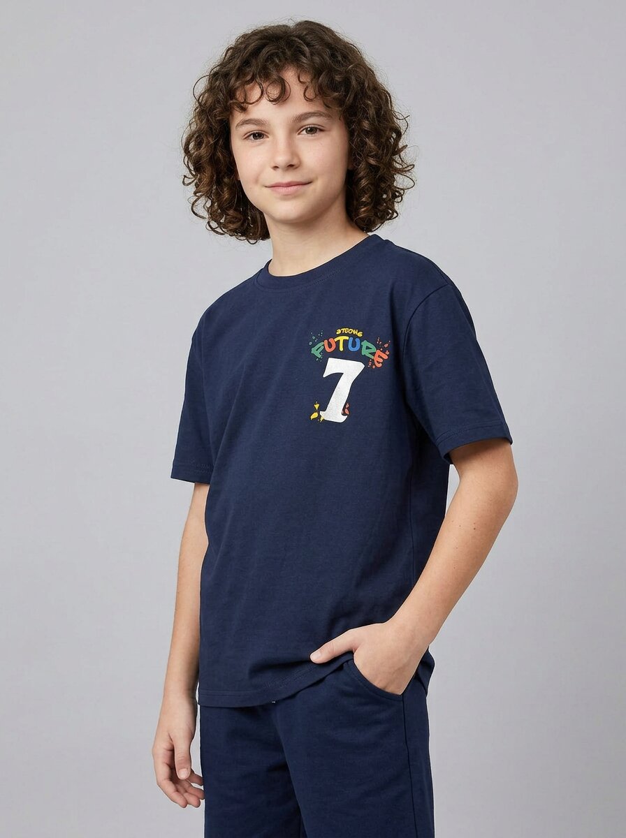 CODEZ Boys Navy Strong Future Graphic Printed Drop Shoulder Cotton T-Shirt