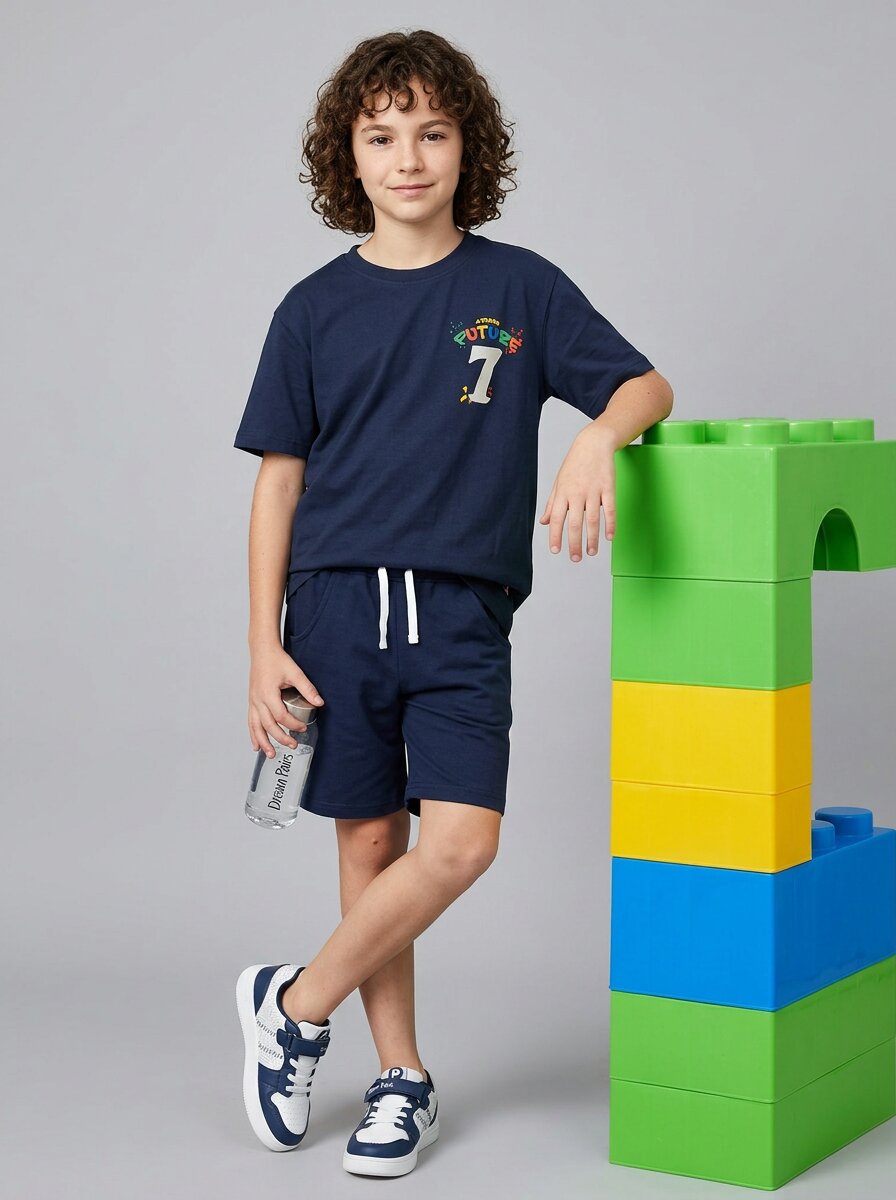 CODEZ Boys Navy Strong Future Graphic Printed Drop Shoulder Cotton T-Shirt