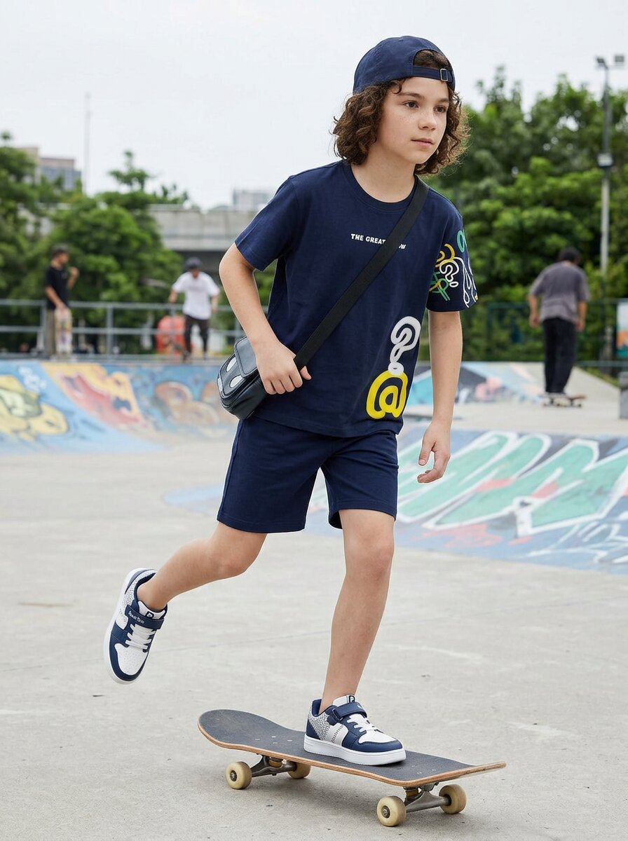 CODEZ Boys Navy The Great Crew Graphic Printed Drop Shoulder Cotton T-Shirt