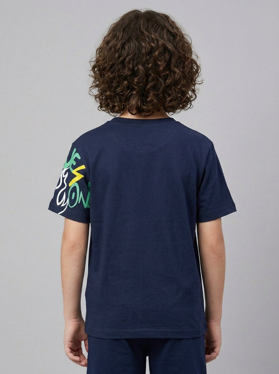 CODEZ Boys Navy The Great Crew Graphic Printed Drop Shoulder Cotton T-Shirt