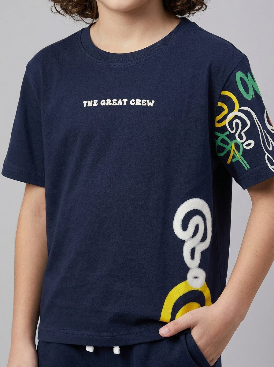 CODEZ Boys Navy The Great Crew Graphic Printed Drop Shoulder Cotton T-Shirt