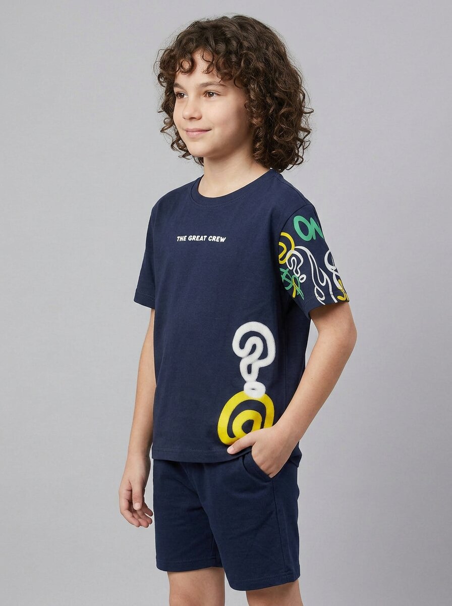 CODEZ Boys Navy The Great Crew Graphic Printed Drop Shoulder Cotton T-Shirt
