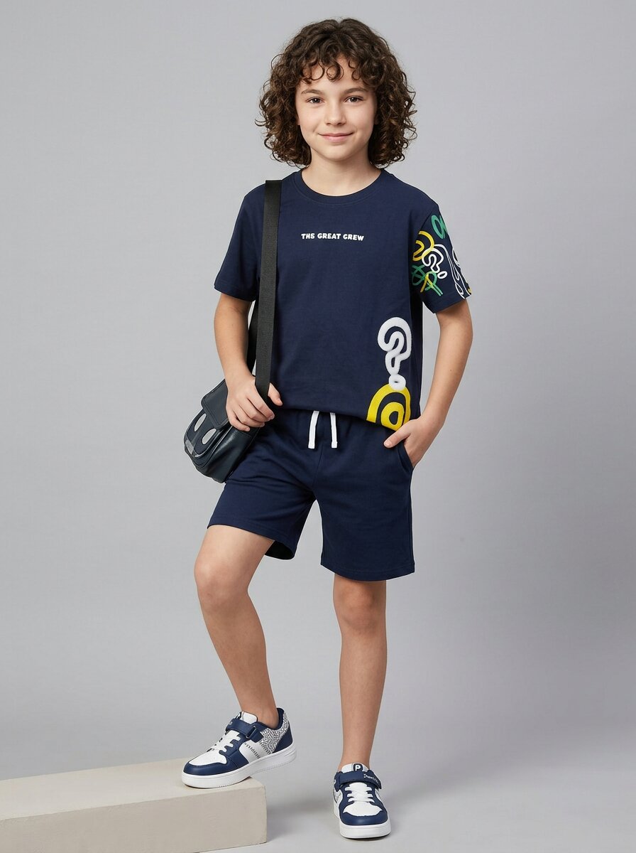 CODEZ Boys Navy The Great Crew Graphic Printed Drop Shoulder Cotton T-Shirt