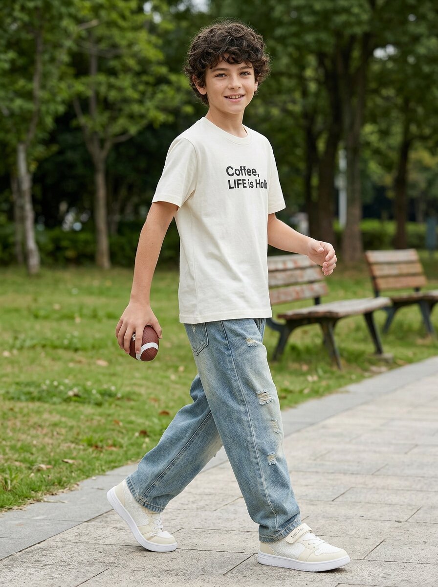 CODEZ Boys Off White Coffee Life Graphic Printed Drop Shoulder Cotton T-Shirt