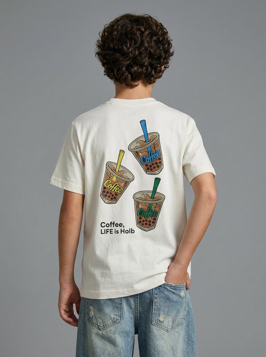 CODEZ Boys Off White Coffee Life Graphic Printed Drop Shoulder Cotton T-Shirt