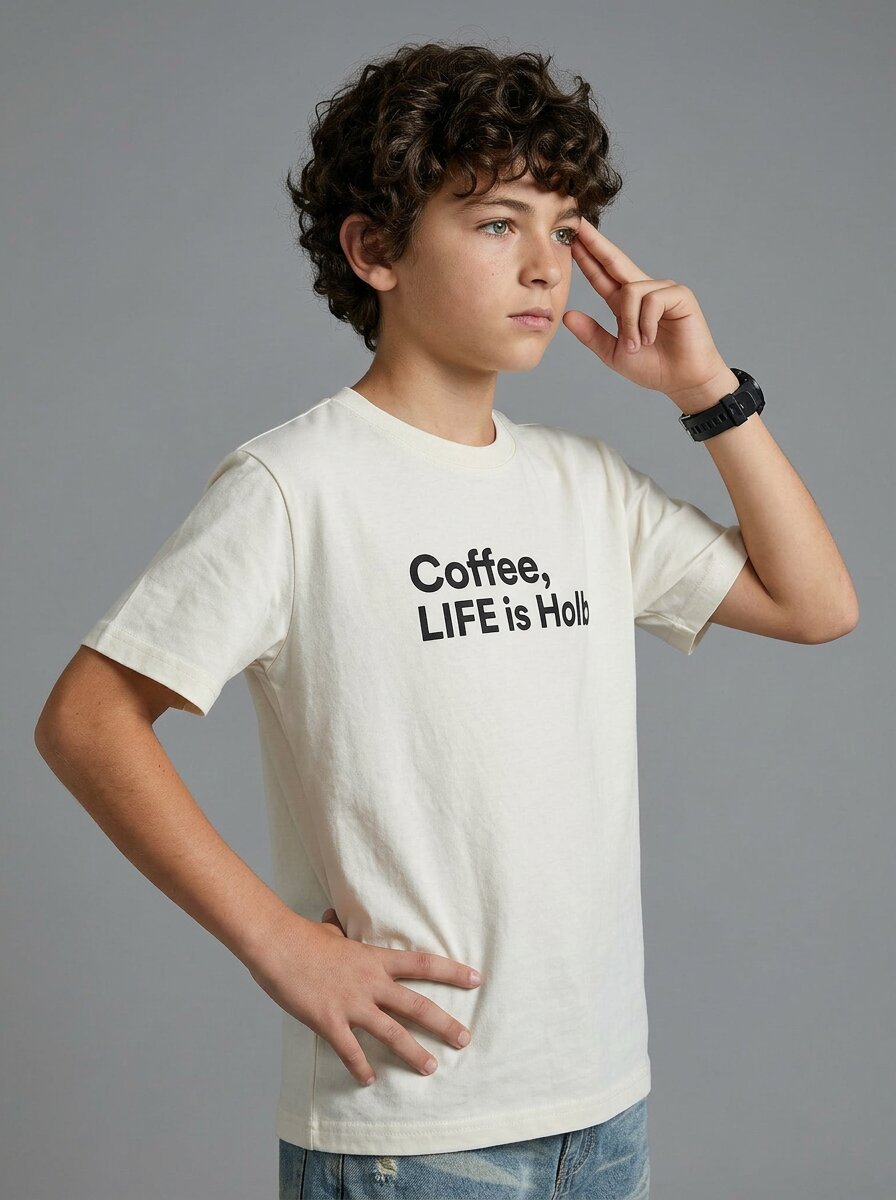 CODEZ Boys Off White Coffee Life Graphic Printed Drop Shoulder Cotton T-Shirt