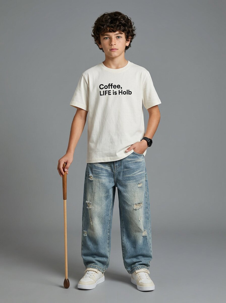 CODEZ Boys Off White Coffee Life Graphic Printed Drop Shoulder Cotton T-Shirt