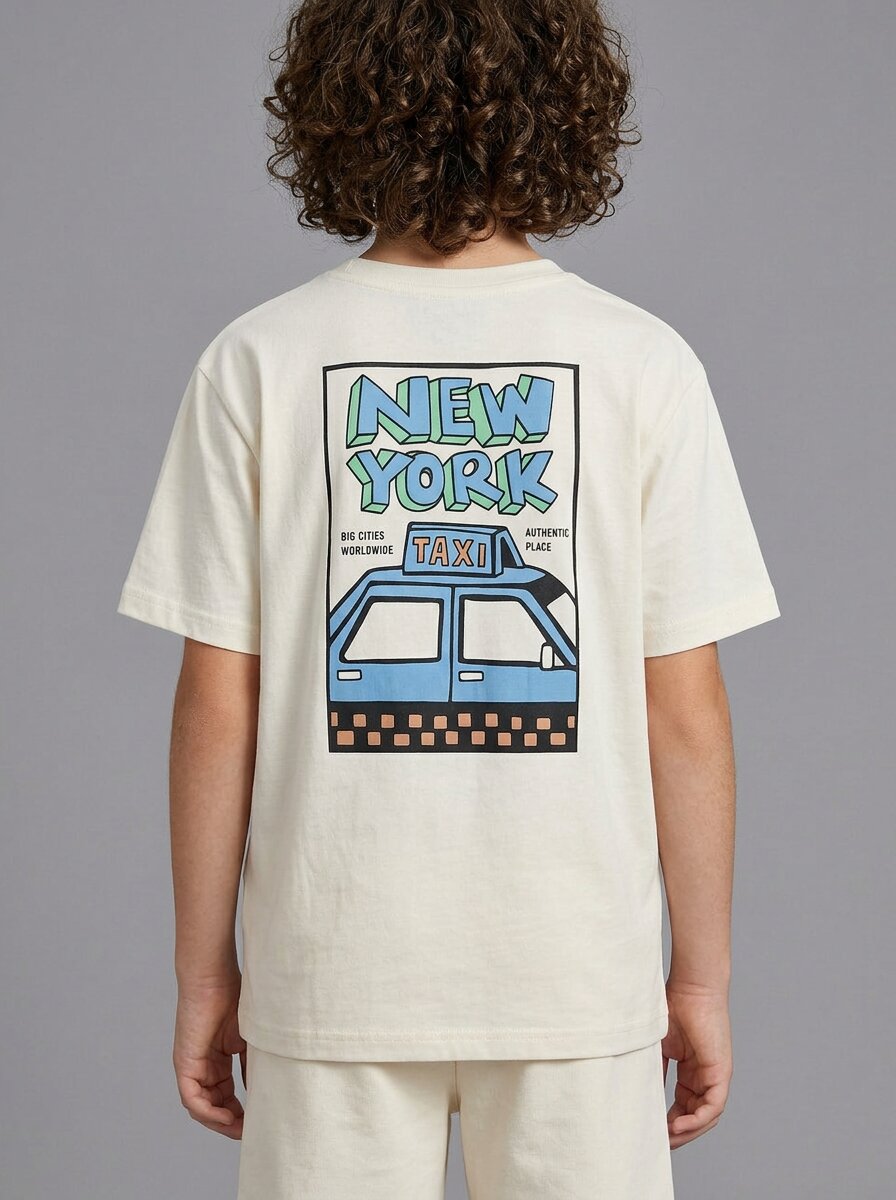 CODEZ Boys Off White New York Taxi Graphic Printed Drop Shoulder Cotton T-Shirt