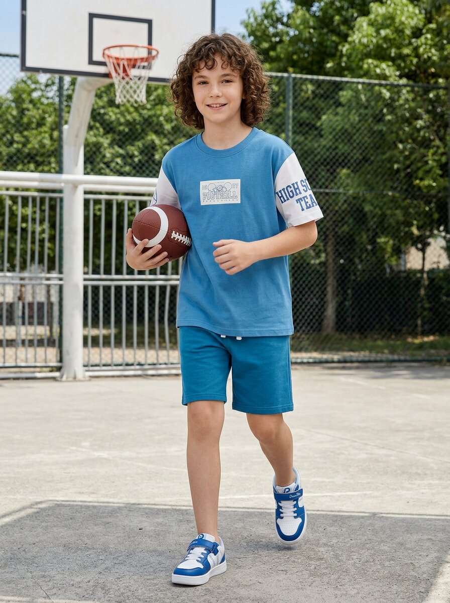 CODEZ Boys Royal Blue American Football Graphic Printed Drop Shoulder Cotton T-Shirt